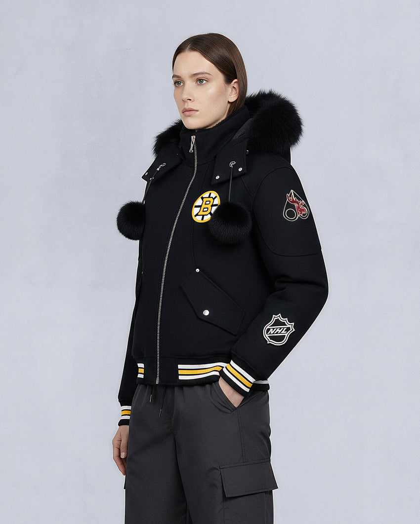NHL X MOOSE KNUCKLES BRUINS BOMBER JACKET-BLACK/BONE/BONE