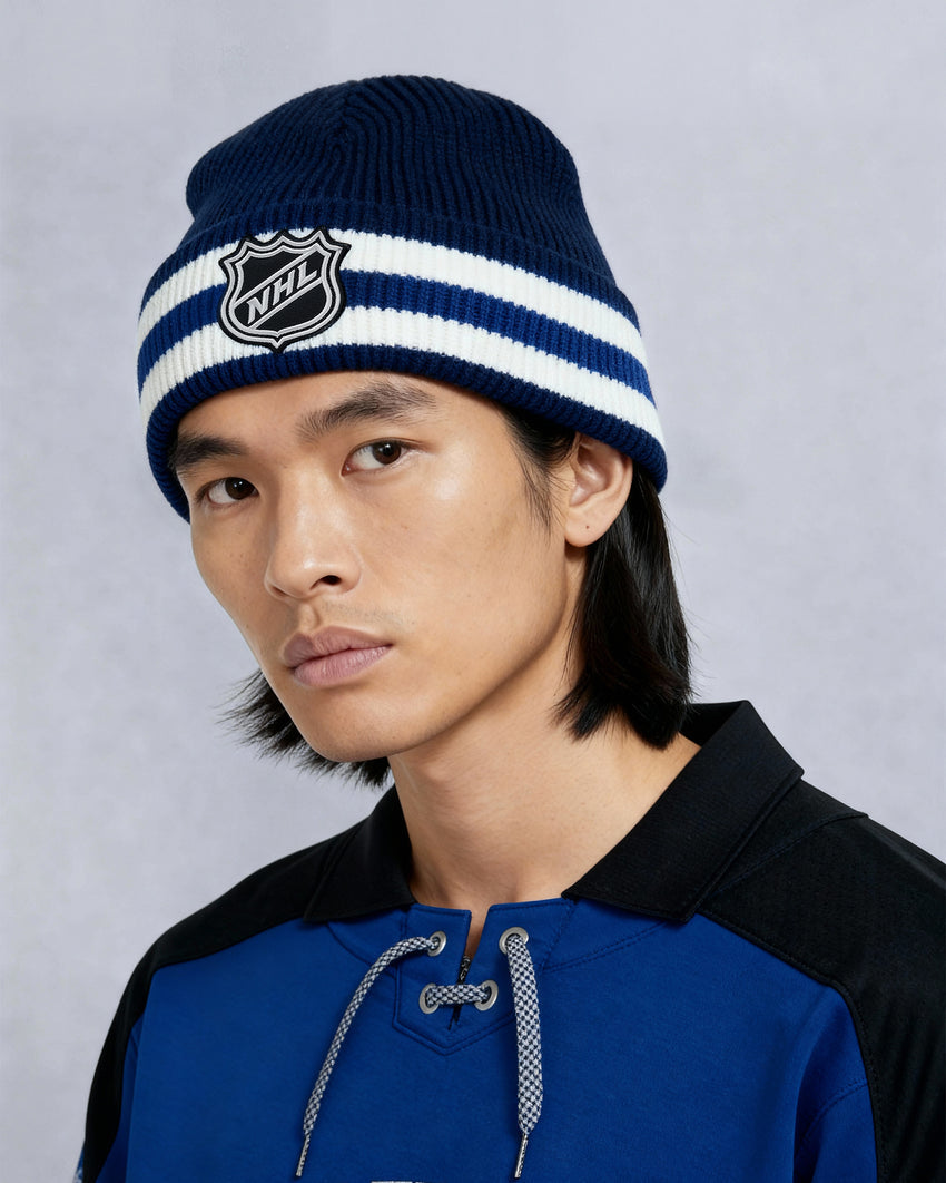 NHL X MOOSE KNUCKLES MAPLE LEAFS BEANIE-NAVY/MAPLE LEAF BLUE/BONE