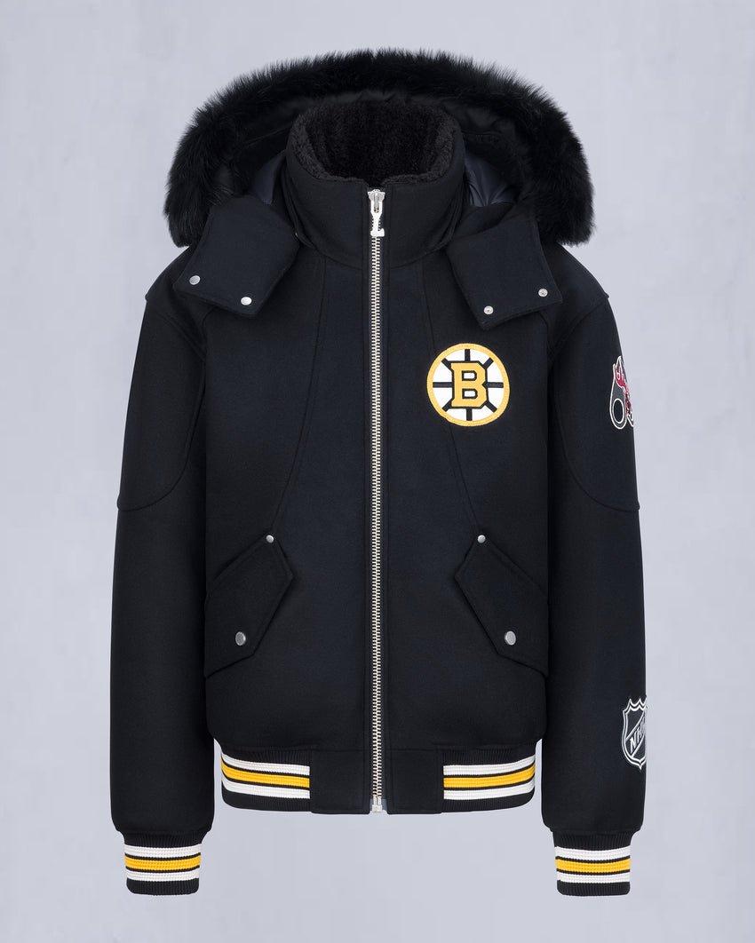 NHL X MOOSE KNUCKLES BRUINS BOMBER JACKET-BLACK/BONE/BONE