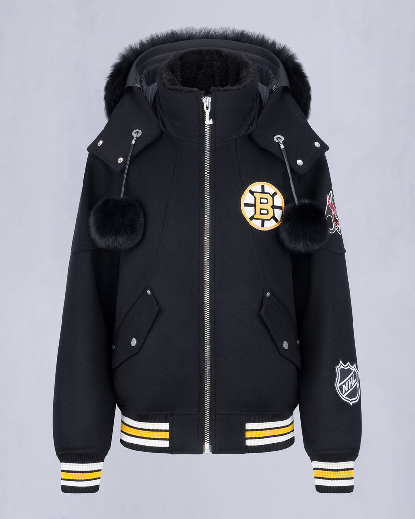 NHL X MOOSE KNUCKLES BRUINS BOMBER JACKET-BLACK/BONE/BONE