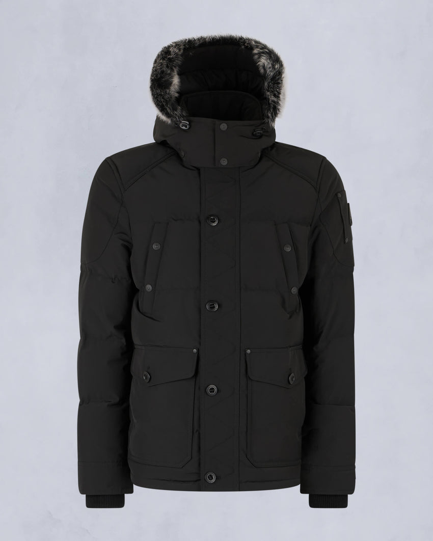 ONYX ROUND ISLAND SHEARLING TRIM JACKET-BLACK/ICE