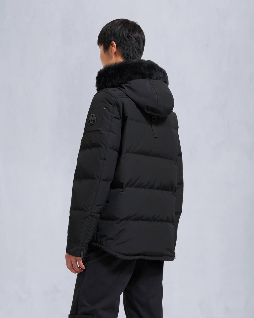 ONYX ROUND ISLAND SHEARLING TRIM JACKET-BLACK/ICE