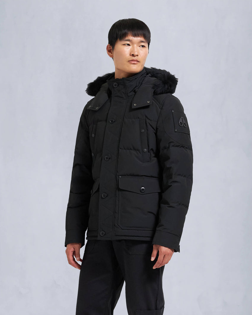 ONYX ROUND ISLAND SHEARLING TRIM JACKET-BLACK/ICE