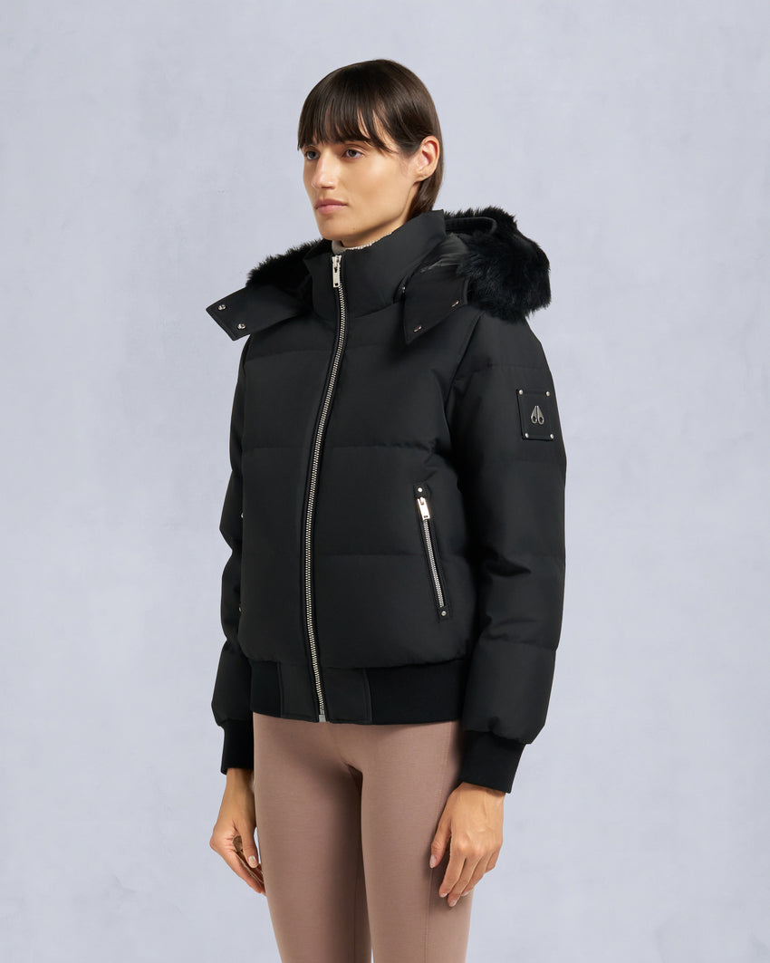CLOUD SHEARLING TRIM BOMBER JACKET-BLACK/BLACK