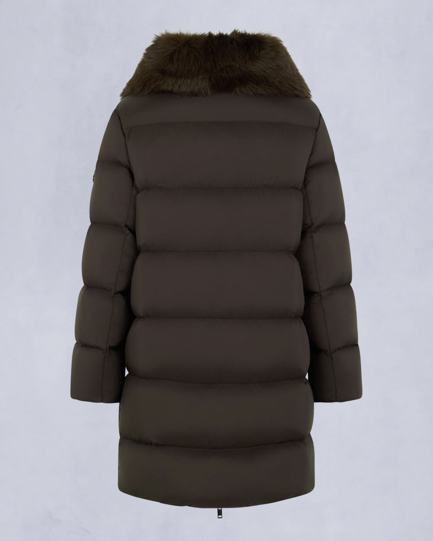 BELLE DUNE LONG SHEARLING TRIM PUFFER-NAVY