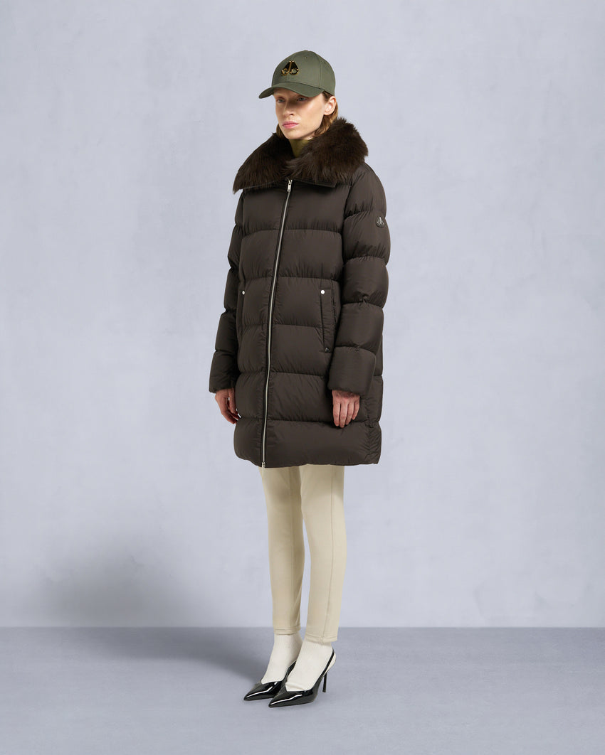 BELLE DUNE LONG SHEARLING TRIM PUFFER-NAVY