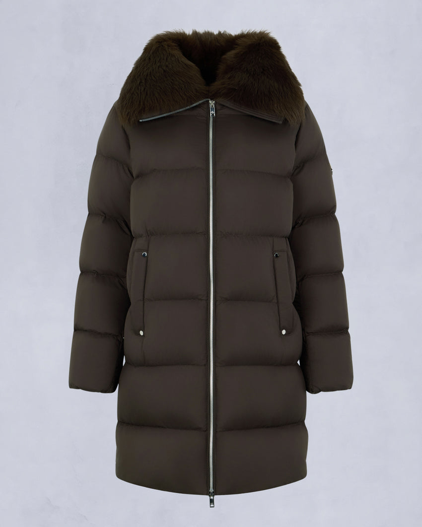 BELLE DUNE LONG SHEARLING TRIM PUFFER-NAVY