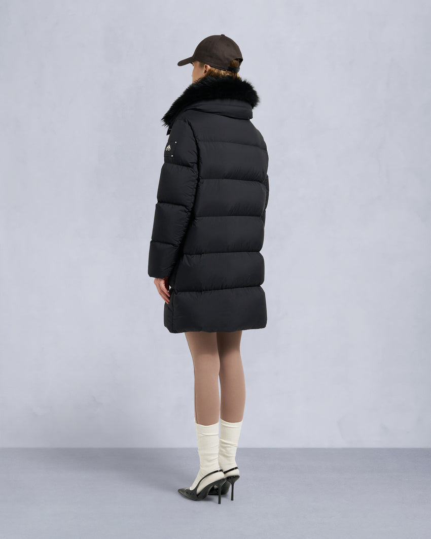 BELLE DUNE LONG SHEARLING TRIM PUFFER-NAVY