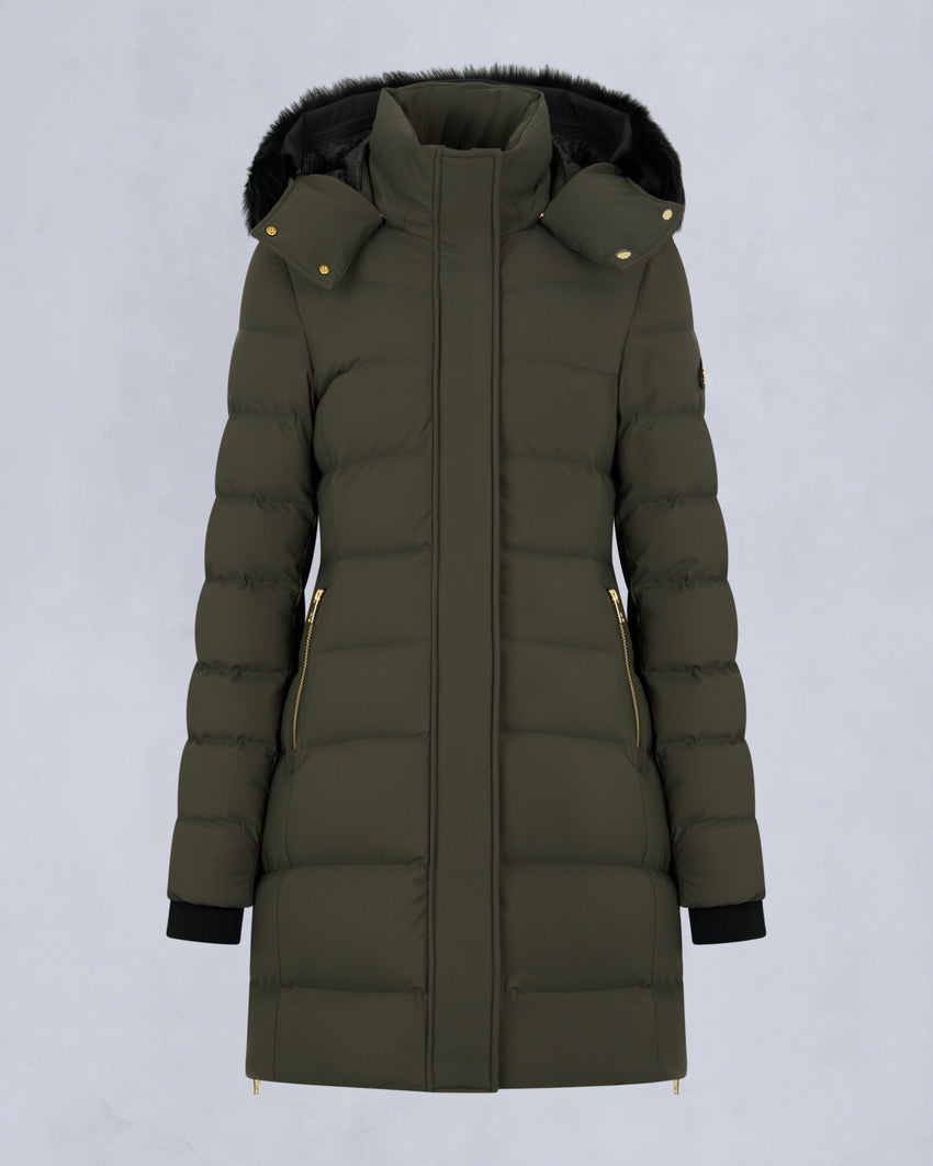 GOLD SERIES NYLUXE WATERSHED SHEARLING TRIM PARKA-DARK OLIVE/BLACK